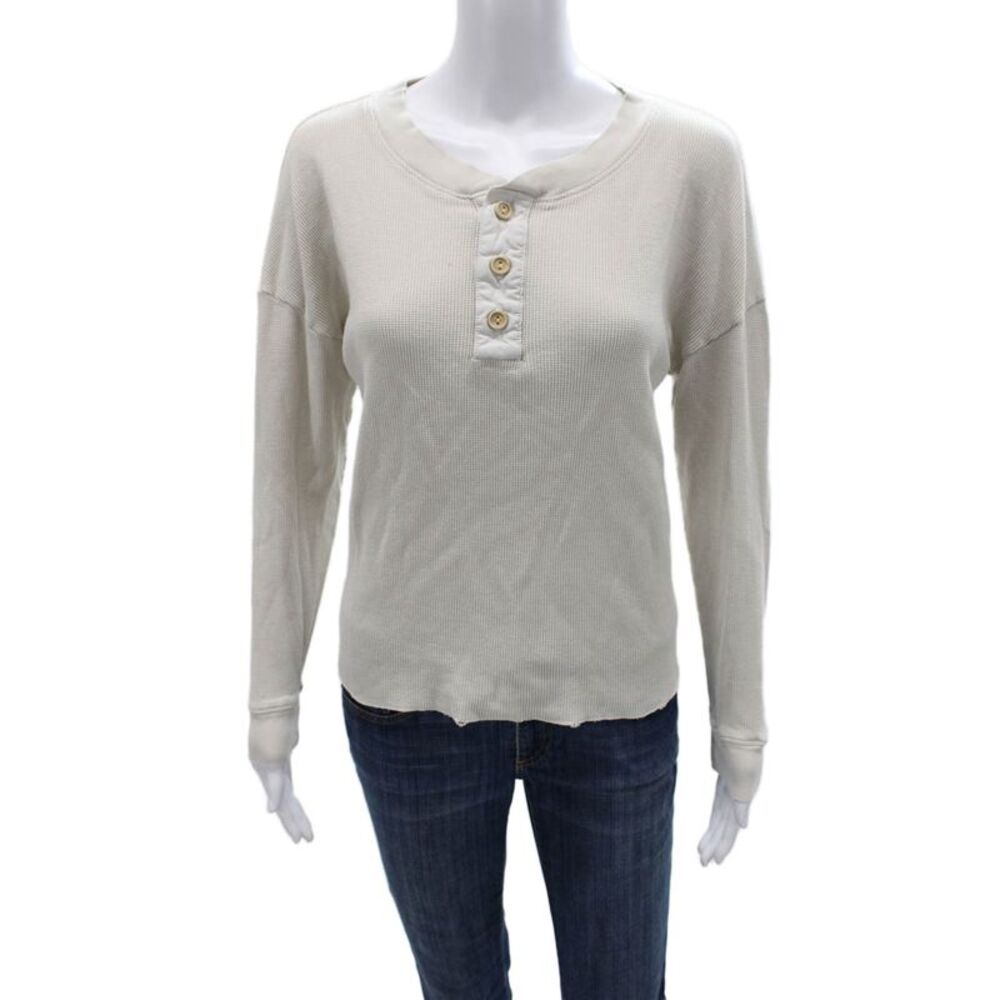 Mate Womens Beige Organic Cotton Henley Long Sleeve Basic T-Shirt Size S